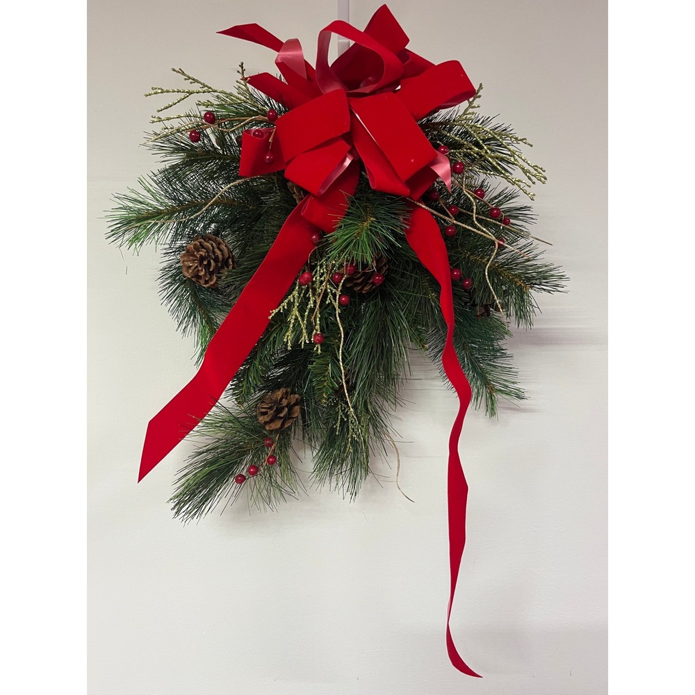 Christmas Pine Teardrop Swag Red Velvet Bow Pinecones Berries 16" Greenery Decor